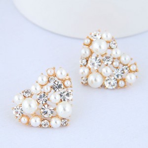 Czech Rhinestone and Pearl Embellished Glistening Heart Design Women Statement Earrings