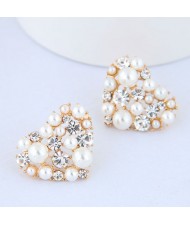 Czech Rhinestone and Pearl Embellished Glistening Heart Design Women Statement Earrings