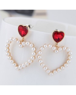 Pearl Heart Shape Design High Fashion Women Statement Earrings - Red