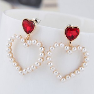 Pearl Heart Shape Design High Fashion Women Statement Earrings - Red