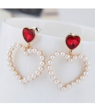 Pearl Heart Shape Design High Fashion Women Statement Earrings - Red