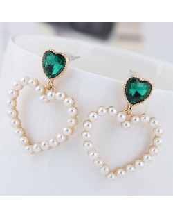 Pearl Heart Shape Design High Fashion Women Statement Earrings - Green