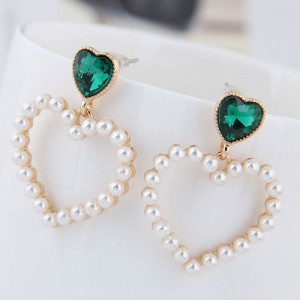 Pearl Heart Shape Design High Fashion Women Statement Earrings - Green