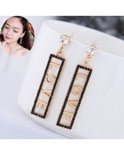 Love Theme Black Rhinestone Rimmed Dangling Bar Design Women Fashion Earrings