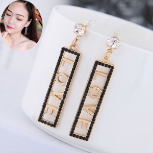 Love Theme Black Rhinestone Rimmed Dangling Bar Design Women Fashion Earrings