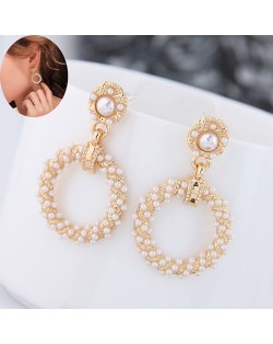 Pearl Embellished Round Hoop Design Graceful Vintage Style Women Costume Earrings - White