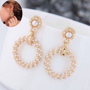 Pearl Embellished Round Hoop Design Graceful Vintage Style Women Costume Earrings - White