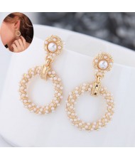 Pearl Embellished Round Hoop Design Graceful Vintage Style Women Costume Earrings - White
