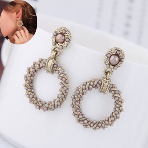 Pearl Embellished Round Hoop Design Graceful Vintage Style Women Costume Earrings - Gray