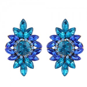 Shining Resin Gems Flower Design High Fashion Women Costume Earrings - Blue