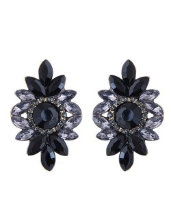 Shining Resin Gems Flower Design High Fashion Women Costume Earrings - Black