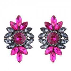 Shining Resin Gems Flower Design High Fashion Women Costume Earrings - Red