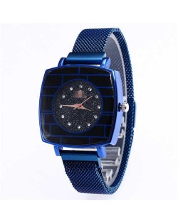 Shining Rhinestone Rimmed Square Design Wrist Watch - Blue