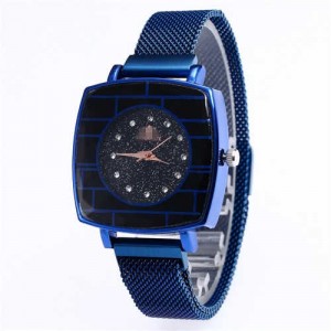 Shining Rhinestone Rimmed Square Design Wrist Watch - Blue