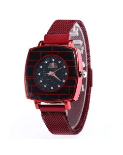Shining Rhinestone Rimmed Square Design Wrist Watch - Red
