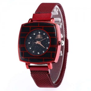 Shining Rhinestone Rimmed Square Design Wrist Watch - Red