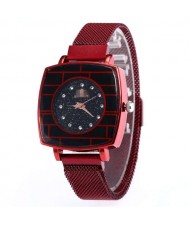 Shining Rhinestone Rimmed Square Design Wrist Watch - Red