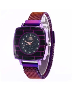 Shining Rhinestone Rimmed Square Design Wrist Watch - Purple