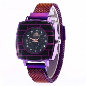 Shining Rhinestone Rimmed Square Design Wrist Watch - Purple