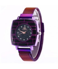 Shining Rhinestone Rimmed Square Design Wrist Watch - Purple