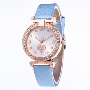 Rhinestone Surround Hollow-out Heart Design  Leather Wrist Watch