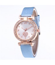 Rhinestone Surround Hollow-out Heart Design  Leather Wrist Watch