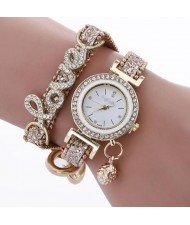 6 Colors Available Rhinestone Inlaid Love Theme High Fashion Women Bracelet Style Wrist Watch