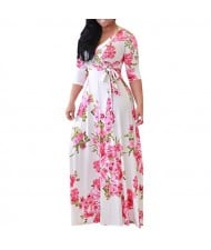 V-neck Fashion Floral Printing Women Dress - White