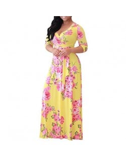 V-neck Fashion Floral Printing Women Dress - Yellow