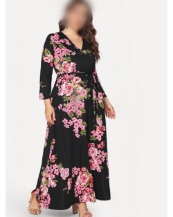 V-neck Fashion Floral Printing Women Dress - Black