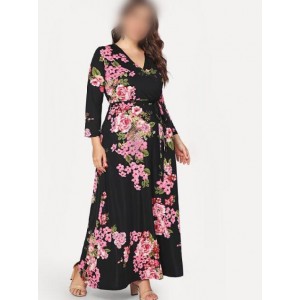 V-neck Fashion Floral Printing Women Dress - Black