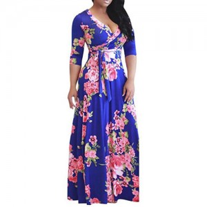 V-neck Fashion Floral Printing Women Dress - Royal Blue