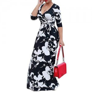 V-neck Fashion Floral Printing Women Dress - Black and White