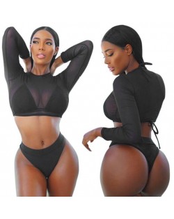 Solid Color High Fashion Women Bikini Swimwear with Long Sleeves Top Set - Black