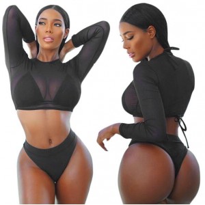 Solid Color High Fashion Women Bikini Swimwear with Long Sleeves Top Set - Black