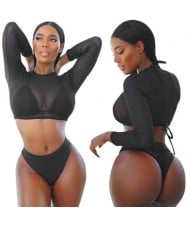 Solid Color High Fashion Women Bikini Swimwear with Long Sleeves Top Set - Black