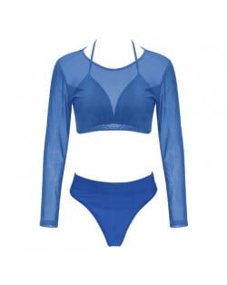 Solid Color High Fashion Women Bikini Swimwear with Long Sleeves Top Set - Blue