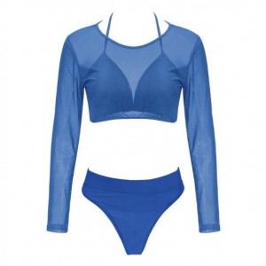 Solid Color High Fashion Women Bikini Swimwear with Long Sleeves Top Set - Blue