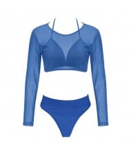 Solid Color High Fashion Women Bikini Swimwear with Long Sleeves Top Set - Blue
