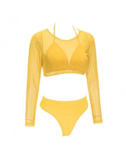 Solid Color High Fashion Women Bikini Swimwear with Long Sleeves Top Set - Yellow