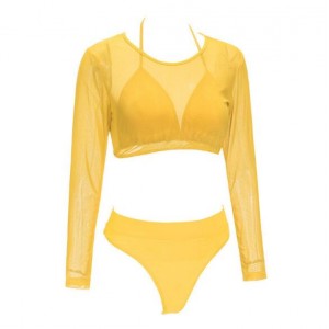 Solid Color High Fashion Women Bikini Swimwear with Long Sleeves Top Set - Yellow