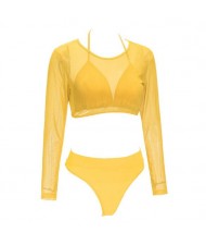 Solid Color High Fashion Women Bikini Swimwear with Long Sleeves Top Set - Yellow