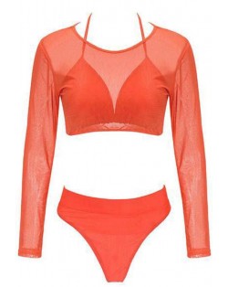 Solid Color High Fashion Women Bikini Swimwear with Long Sleeves Top Set - Orange