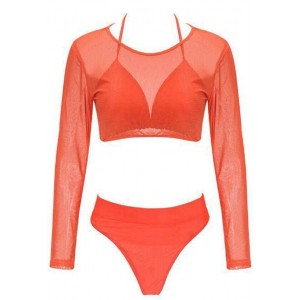 Solid Color High Fashion Women Bikini Swimwear with Long Sleeves Top Set - Orange