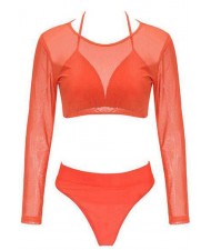 Solid Color High Fashion Women Bikini Swimwear with Long Sleeves Top Set - Orange