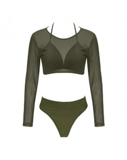 Solid Color High Fashion Women Bikini Swimwear with Long Sleeves Top Set - Green