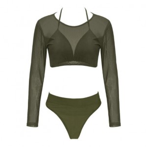 Solid Color High Fashion Women Bikini Swimwear with Long Sleeves Top Set - Green