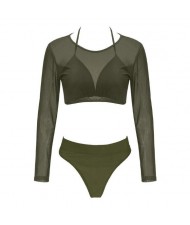 Solid Color High Fashion Women Bikini Swimwear with Long Sleeves Top Set - Green