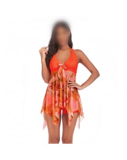 Floral Printing Dress High Fashion Women Swimwear - Orange