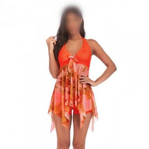 Floral Printing Dress High Fashion Women Swimwear - Orange